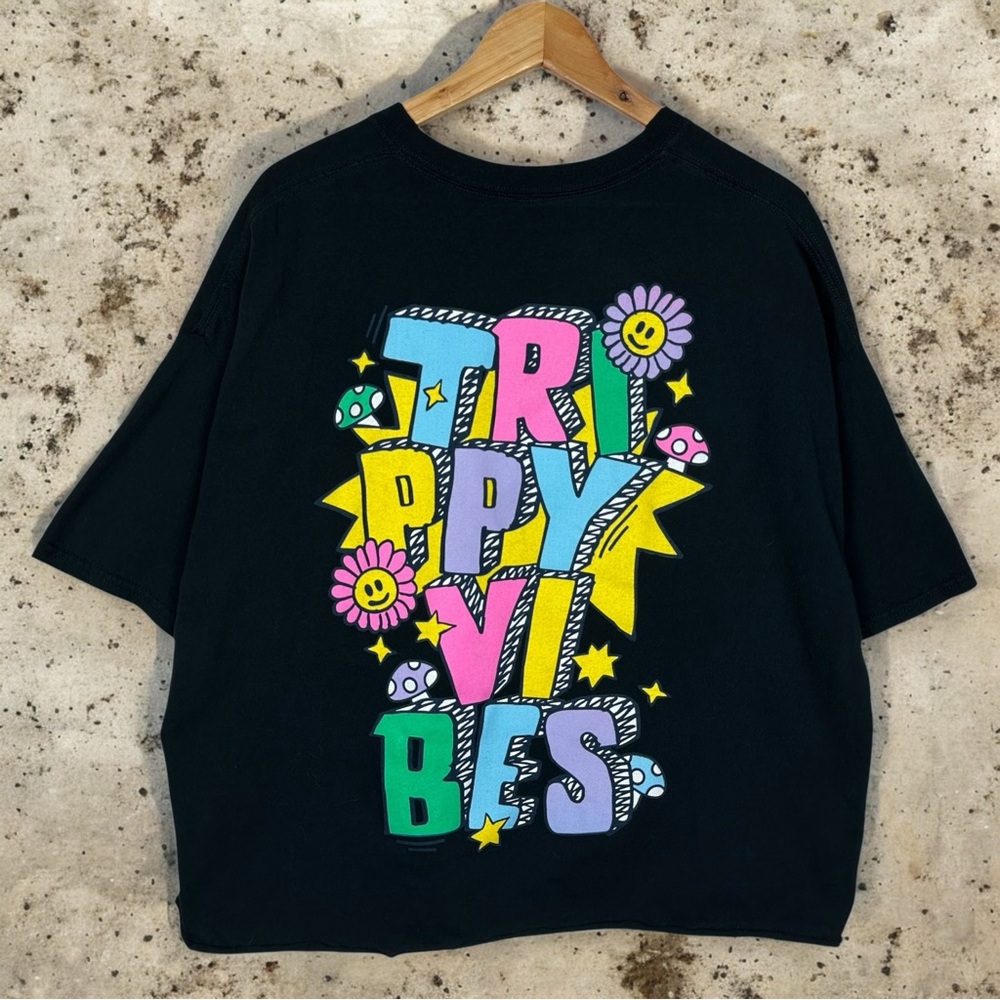 Trippy Vibes Neon Happy  Graphic Boxy Cropped Upcycled Crewneck Short Sleeve Tee